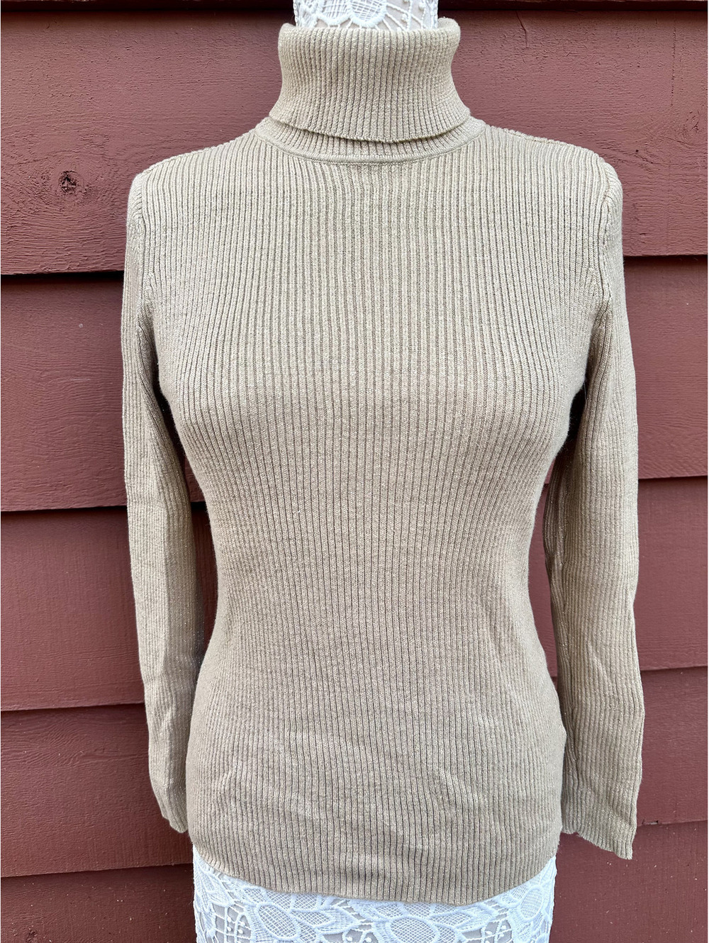 Basic Editions Beige Ribbed Knit Turtleneck Sweater‎ Classic Minimalist 90s